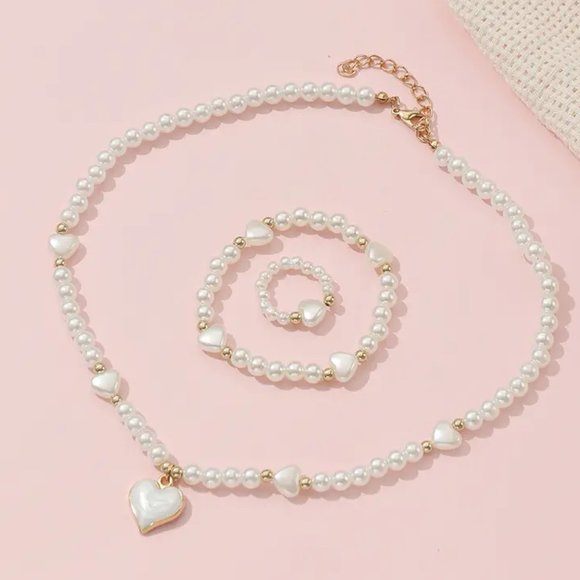 3pcs Heart Necklace Bracelet Ring Set Faux Pearl Jewelry Set - Picture 1 of 4